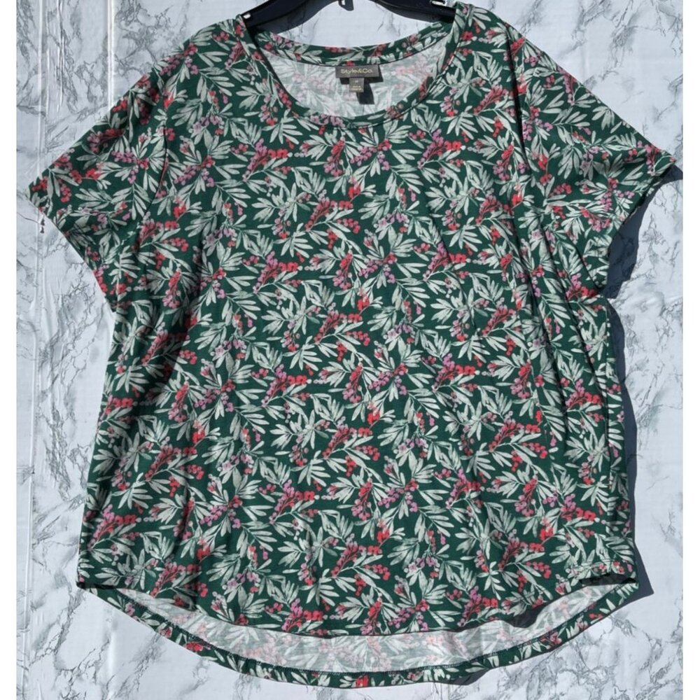 Style & Co Womens Holly Green Floral Print Short Sleeve Top 2X